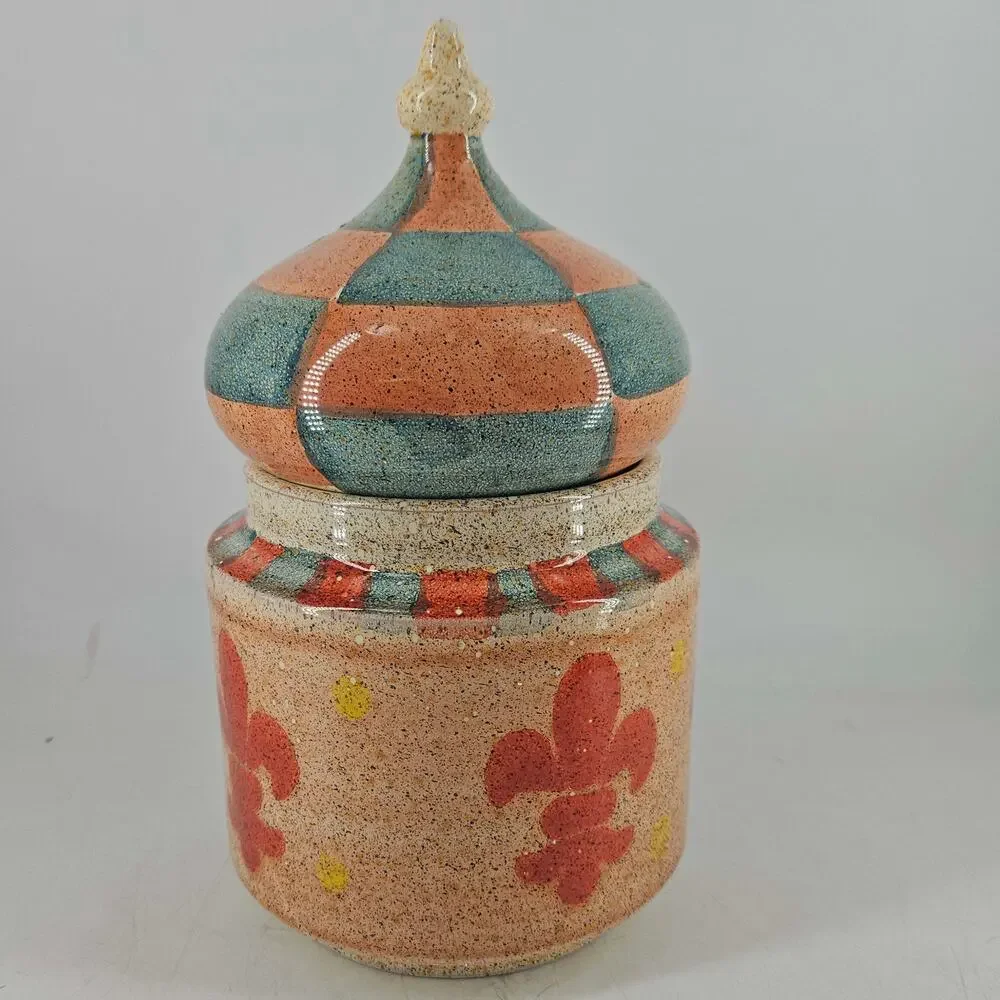 Vintage Hand painted ceramic Medici canister w lid Horchow Italy
